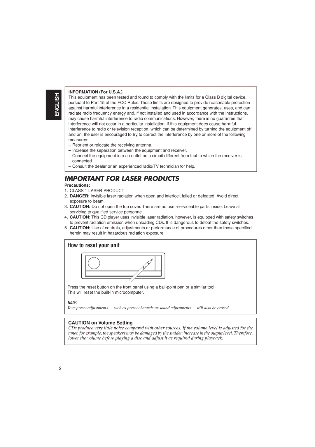 JVC KD-LX300 manual How to reset your unit, Information For U.S.A, Precautions 