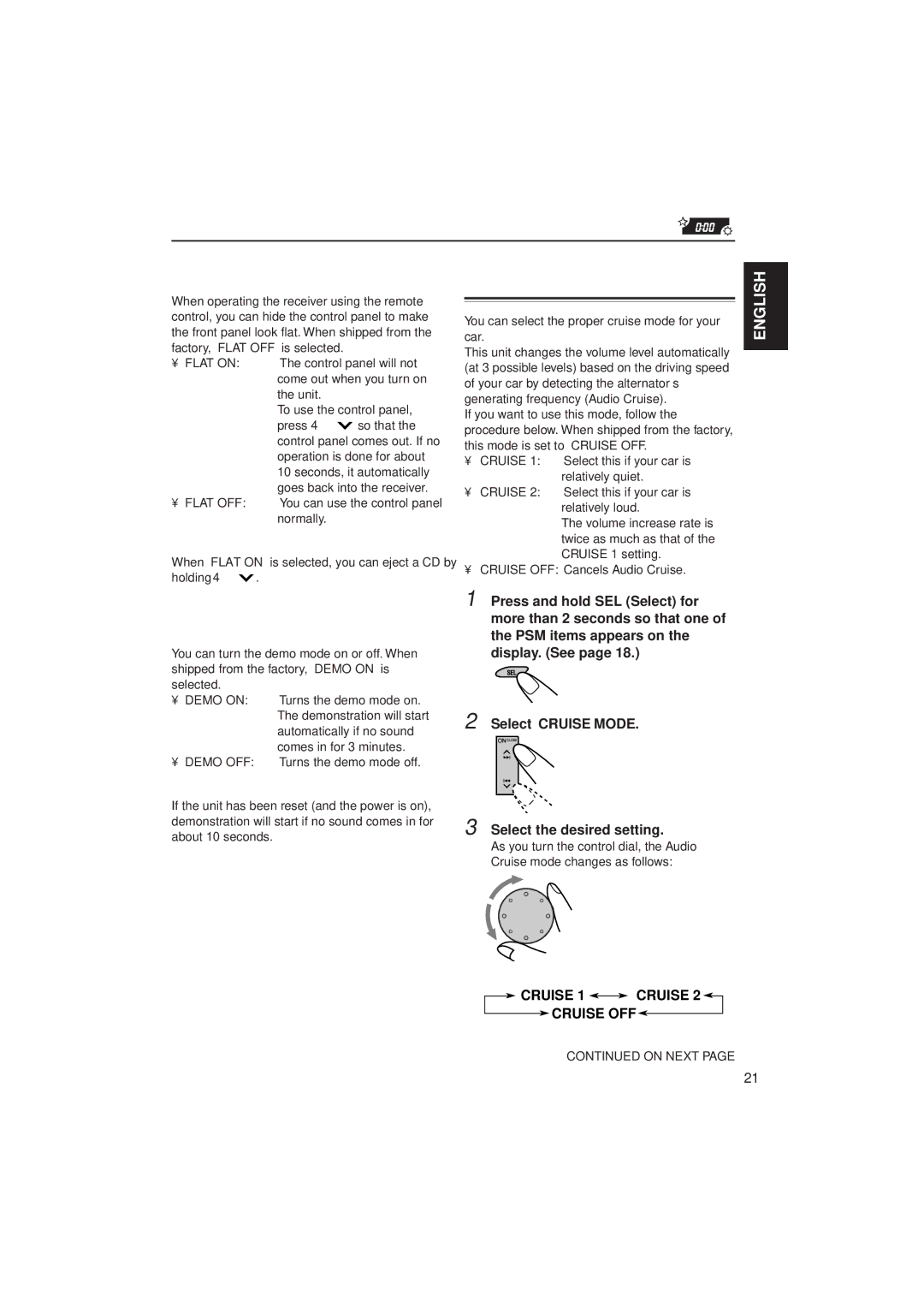 JVC KD-LX300 manual Controlling the volume, To turn the demo mode on or off, Demo Mode, Cruise 1 Cruise, Cruise OFF 