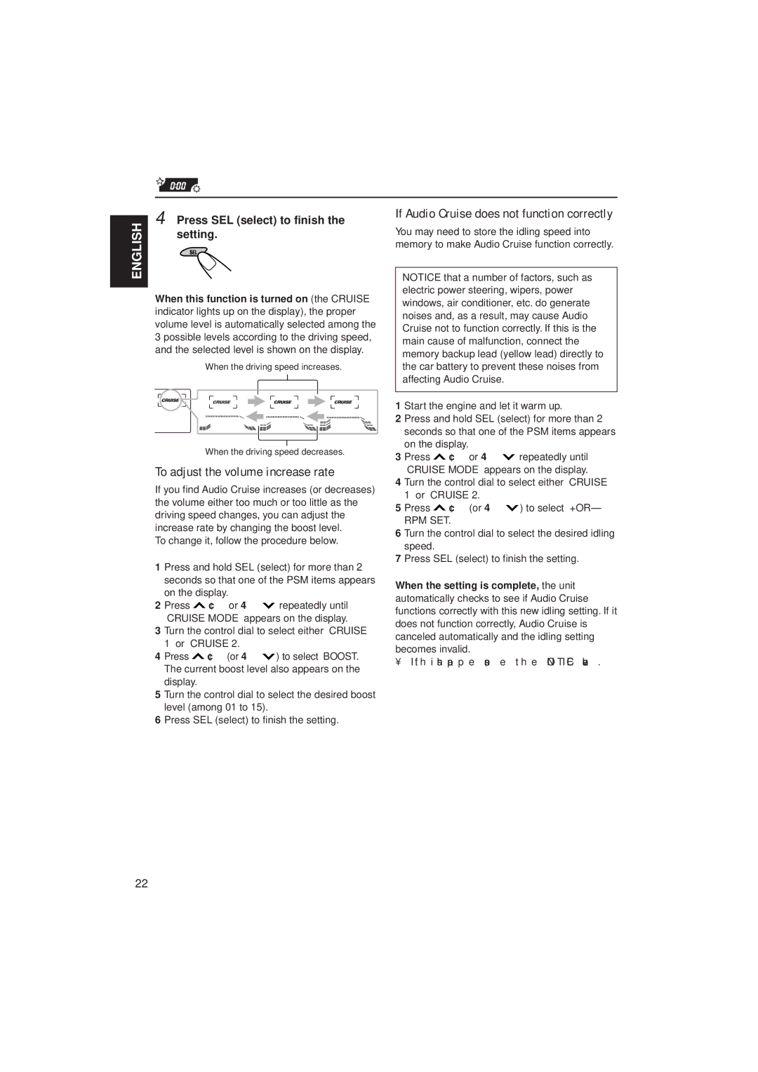 JVC KD-LX300 manual To adjust the volume increase rate, If Audio Cruise does not function correctly 