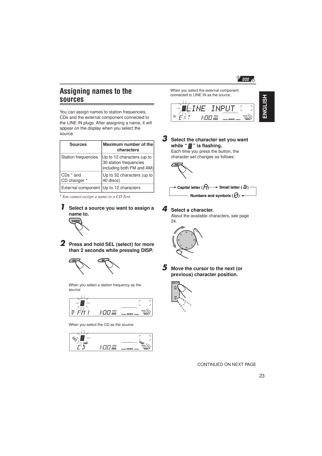 JVC KD-LX300 manual Assigning names to the sources, Select the character set you want while is flashing, Select a character 