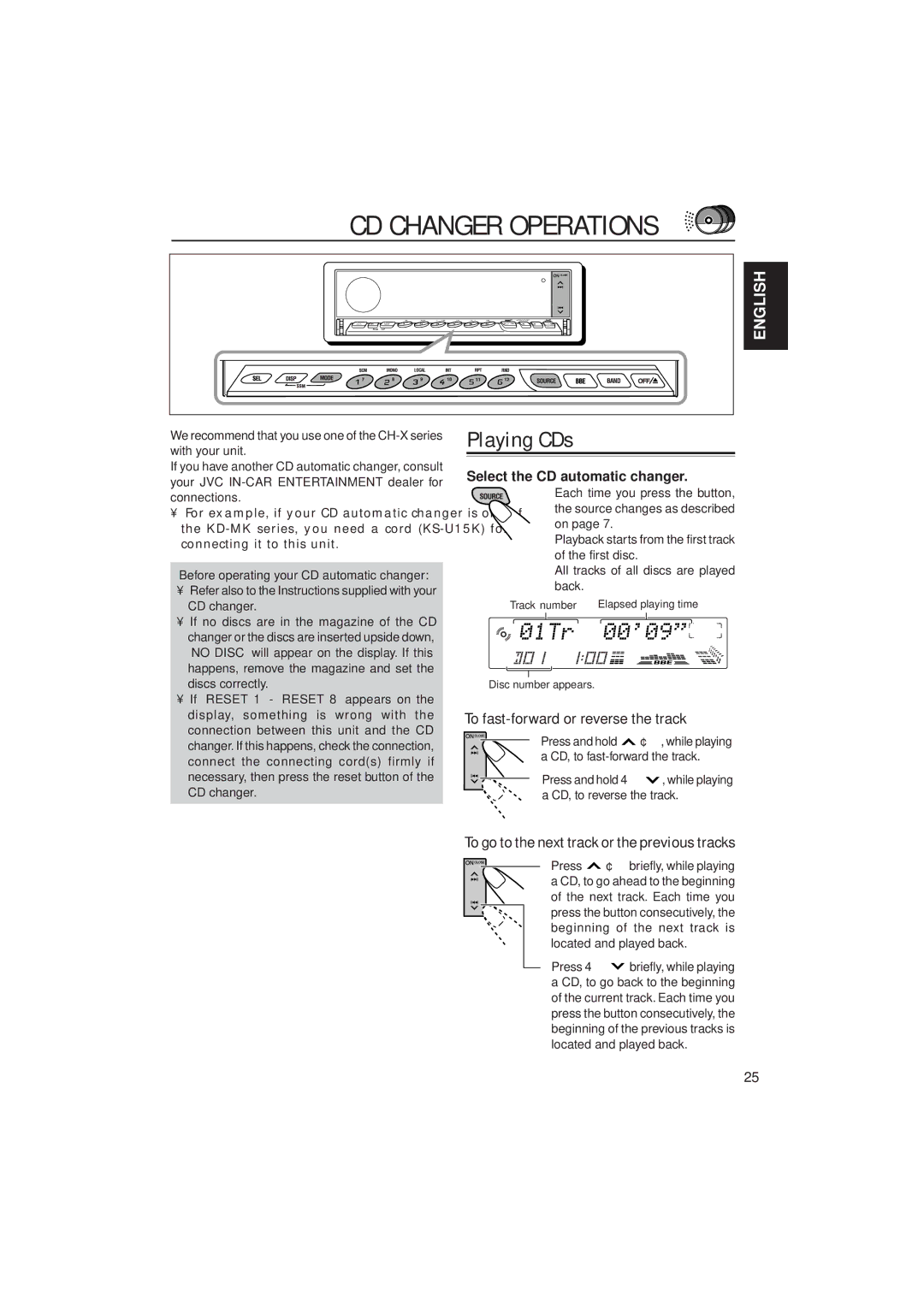 JVC KD-LX300 manual CD Changer Operations, Playing CDs, Select the CD automatic changer 