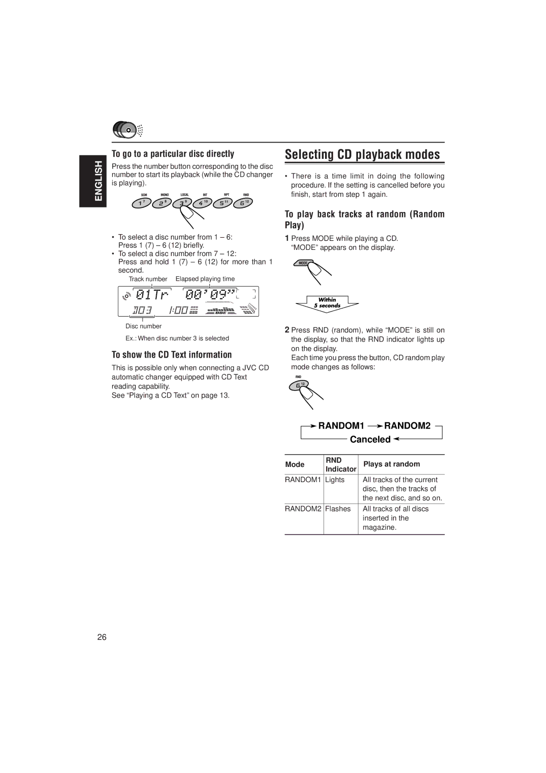 JVC KD-LX300 manual To go to a particular disc directly, To show the CD Text information, Canceled, Mode, Plays at random 