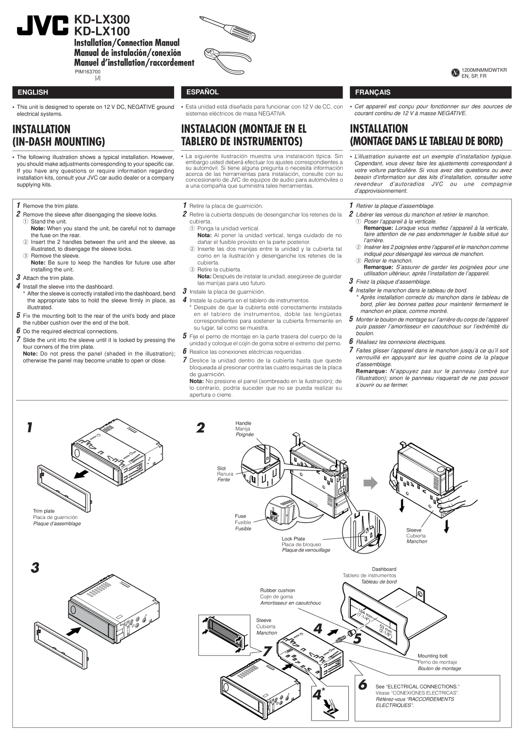 JVC KD-LX300 PIM163700, Handle Manija, Slot Ranura, Trim plate Fuse Placa de guarnición, Fusible, Sleeve, Placa de bloqueo 