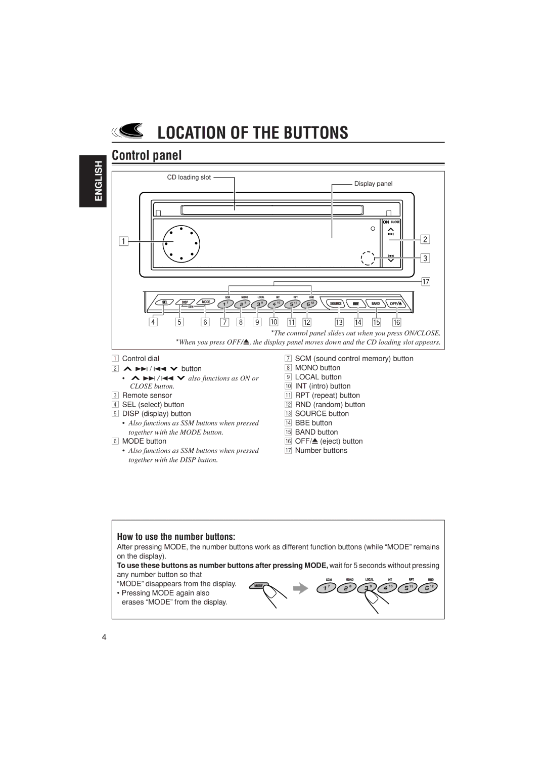 JVC KD-LX300 manual Location of the Buttons, Control panel, How to use the number buttons 