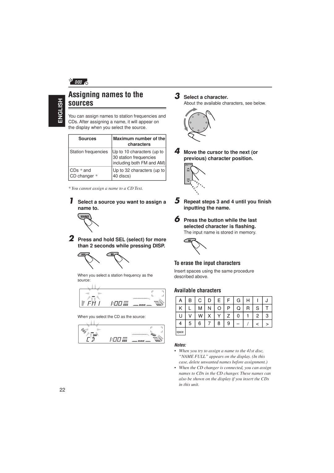 JVC KD-LX300 Station frequencies Up to 10 characters up to, CD changer Discs, About the available characters, see below 