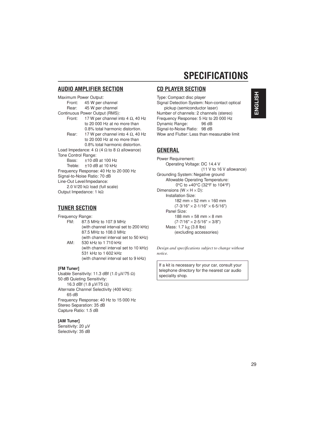 JVC KD-LX300 manual Specifications, Sensitivity 20 µV Selectivity 35 dB 