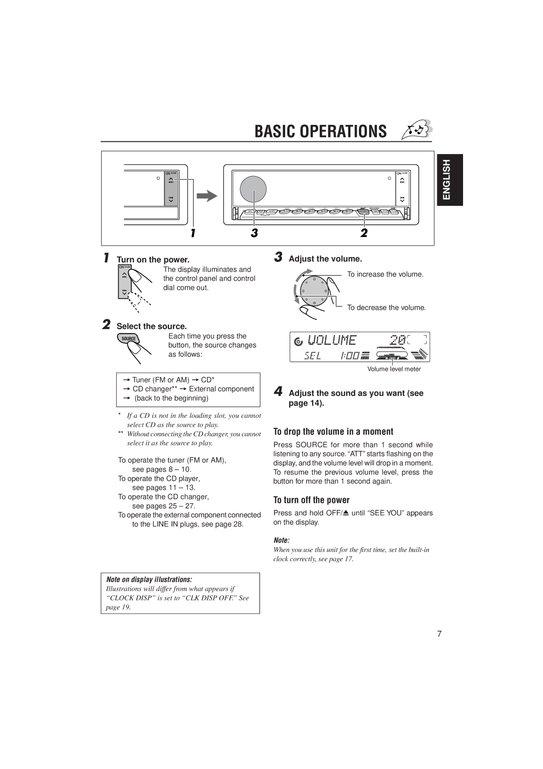 JVC KD-LX300 manual Basic Operations, To drop the volume in a moment, To turn off the power 