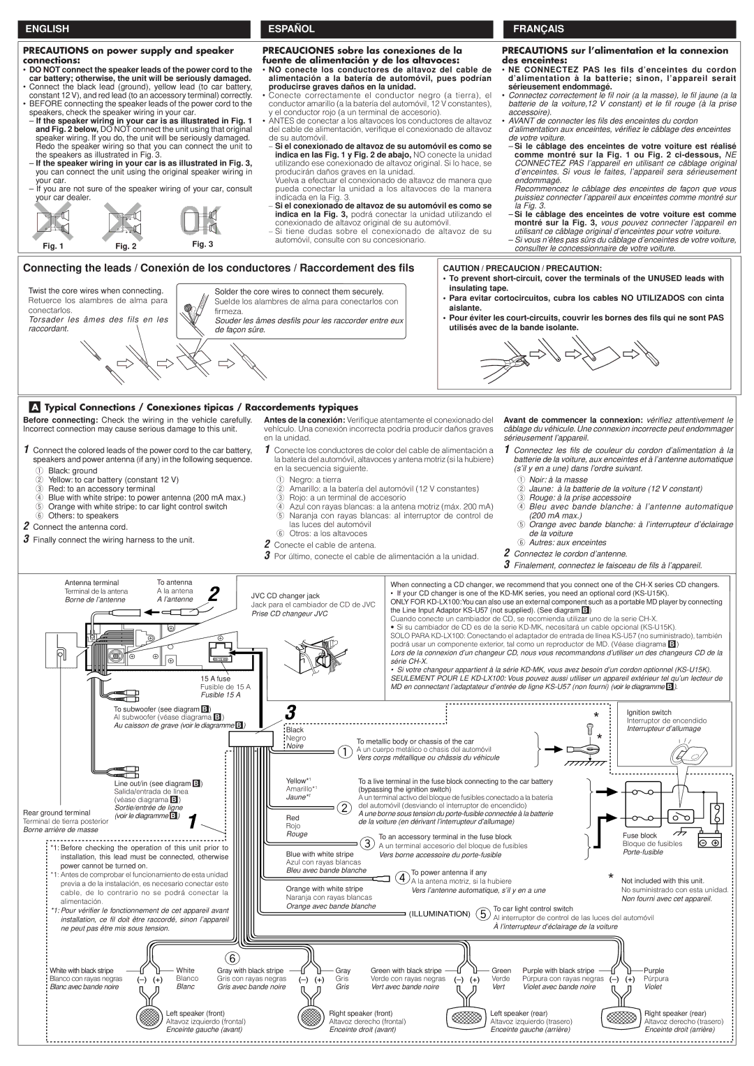 JVC KD-LX300 manual Precautions on power supply and speaker connections 