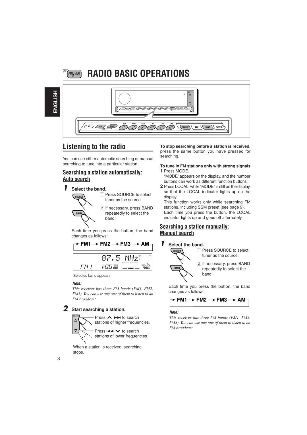 JVC KD-LX300 Radio Basic Operations, Listening to the radio, Searching a station automatically Auto search, FM1 FM2 FM3 AM 