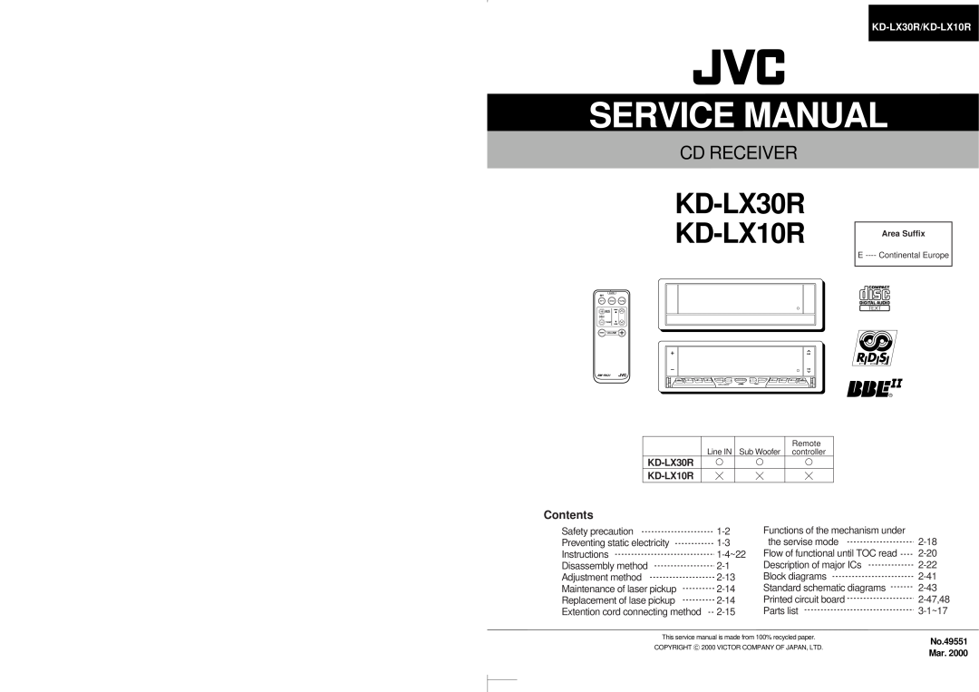 JVC service manual KD-LX30R KD-LX10R, Cd Receiver, Contents, KD-LX30R/KD-LX10R 