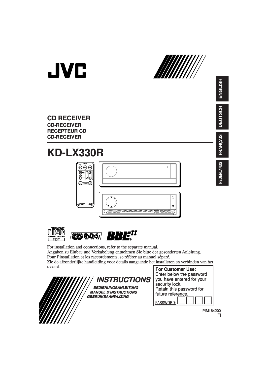 JVC KD-LX330R manual Instructions, Cd Receiver, Cd-Receiver Recepteur Cd Cd-Receiver, Nederlands Français Deutsch English 