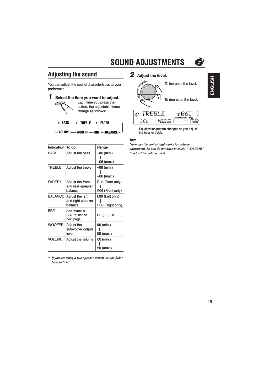 JVC KD-LX330R manual Sound Adjustments, Adjusting the sound, English, Select the item you want to adjust, Adjust the level 