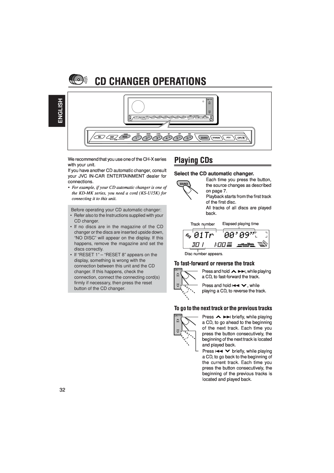 JVC KD-LX330R manual Cd Changer Operations, Playing CDs, English, To fast-forwardor reverse the track 