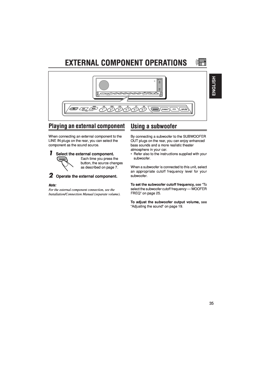 JVC KD-LX330R manual External Component Operations, Playing an external componentUsing a subwoofer, English 