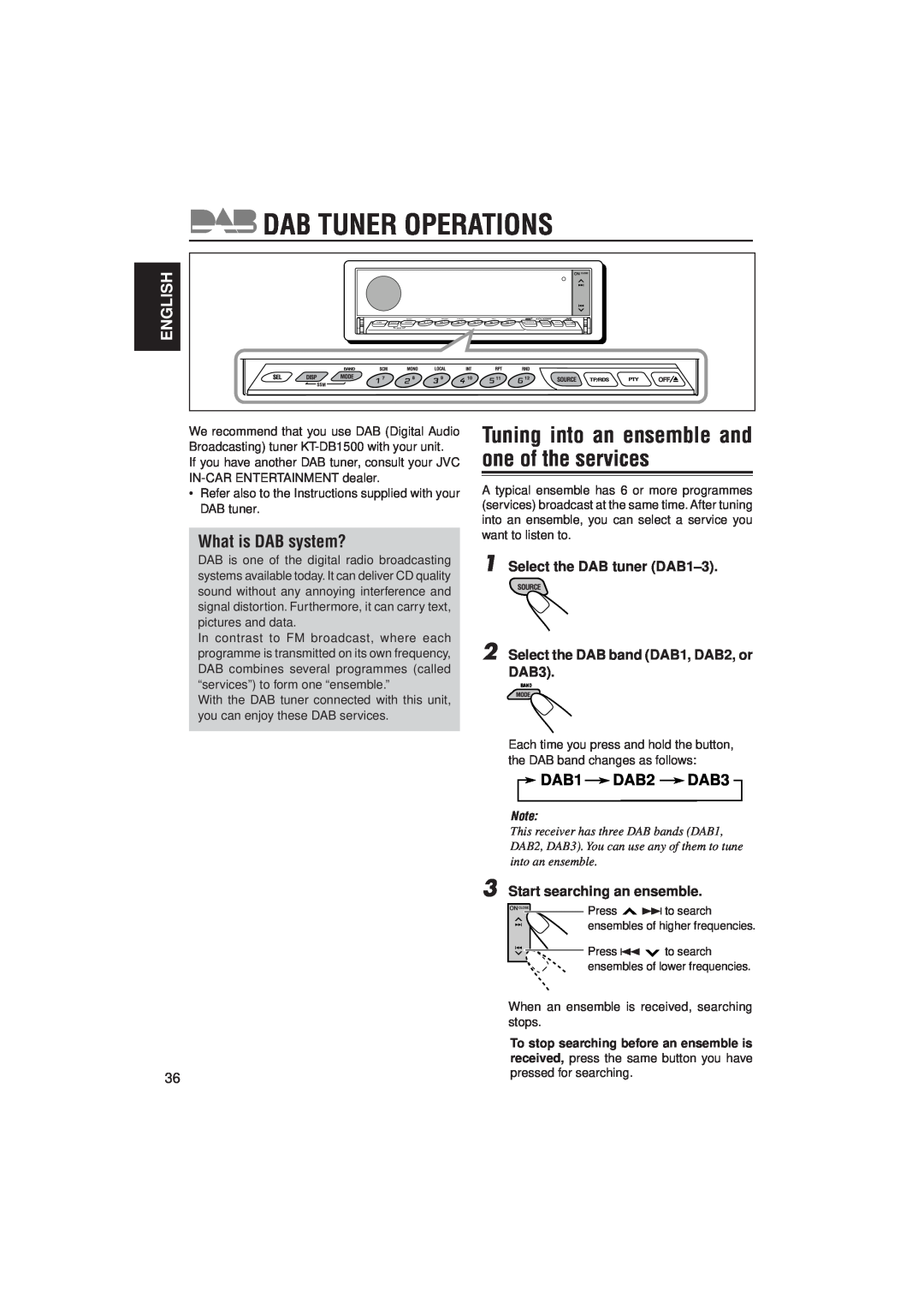 JVC KD-LX330R Dab Tuner Operations, Tuning into an ensemble and one of the services, What is DAB system?, English, DAB1 