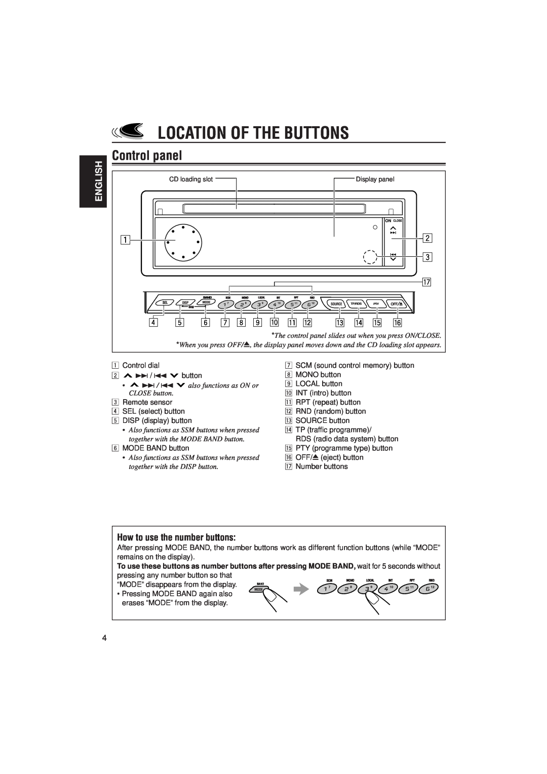 JVC KD-LX330R manual Location Of The Buttons, Control panel, English, How to use the number buttons 