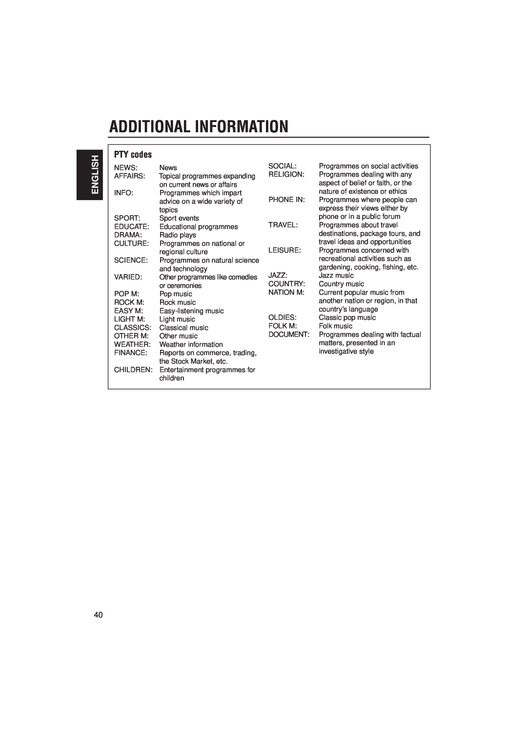 JVC KD-LX330R manual Additional Information, English, PTY codes 
