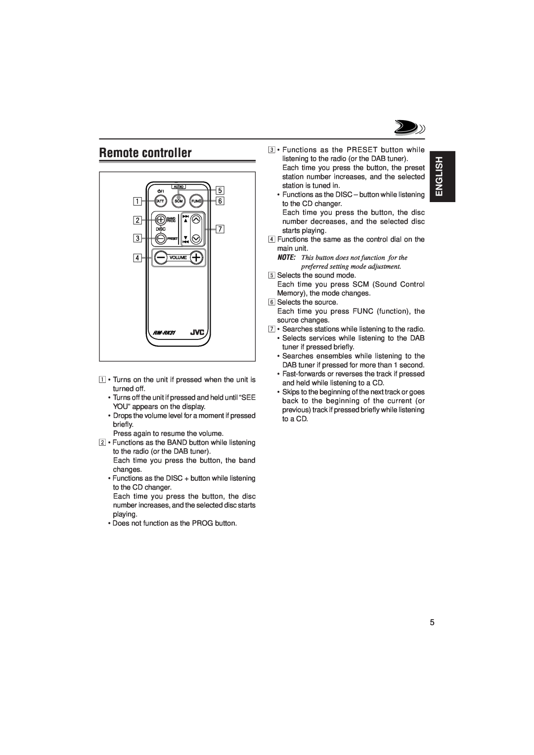JVC KD-LX330R manual Remote controller, English 
