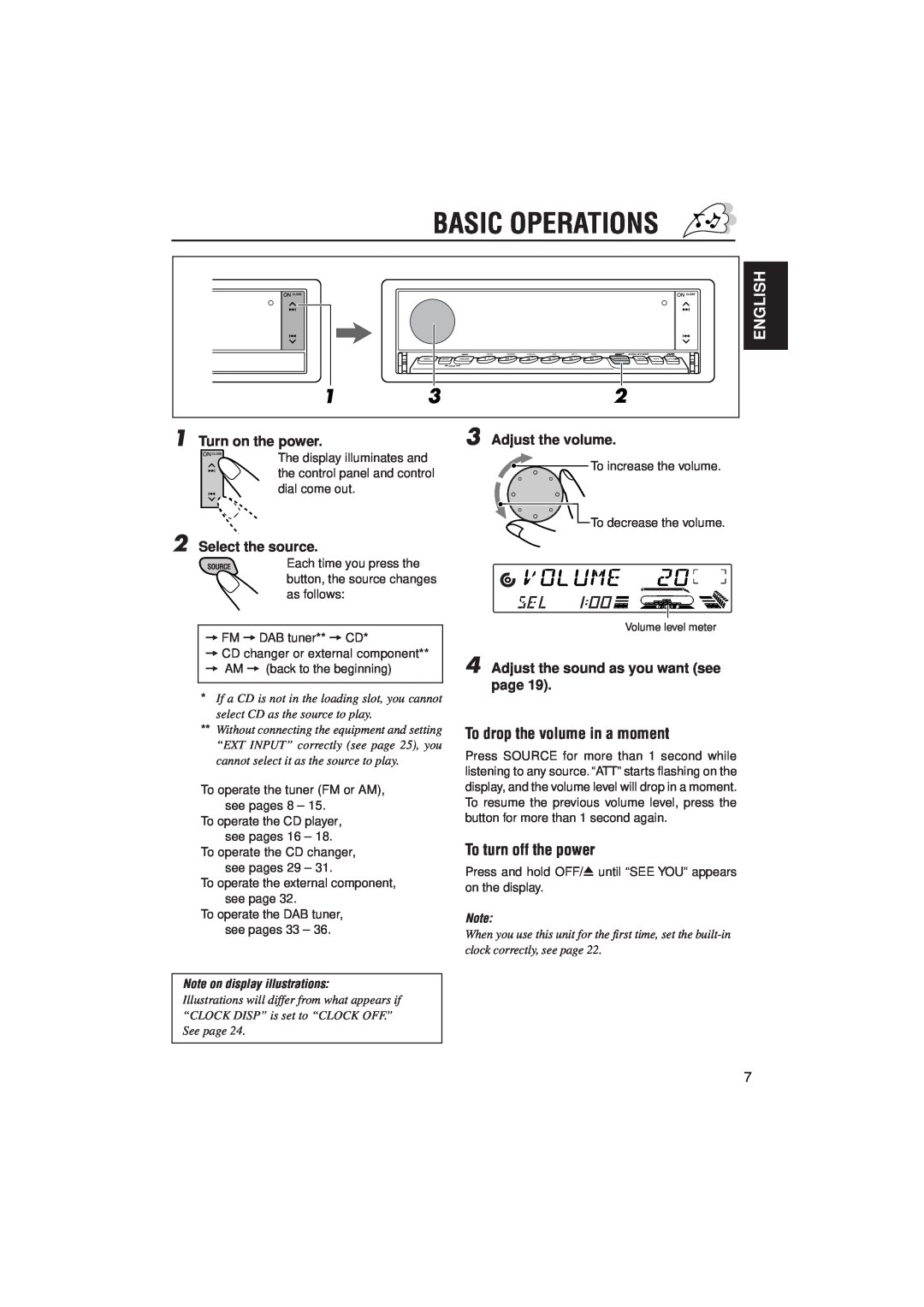 JVC KD-LX330R manual Basic Operations, English, To drop the volume in a moment, To turn off the power, Turn on the power 