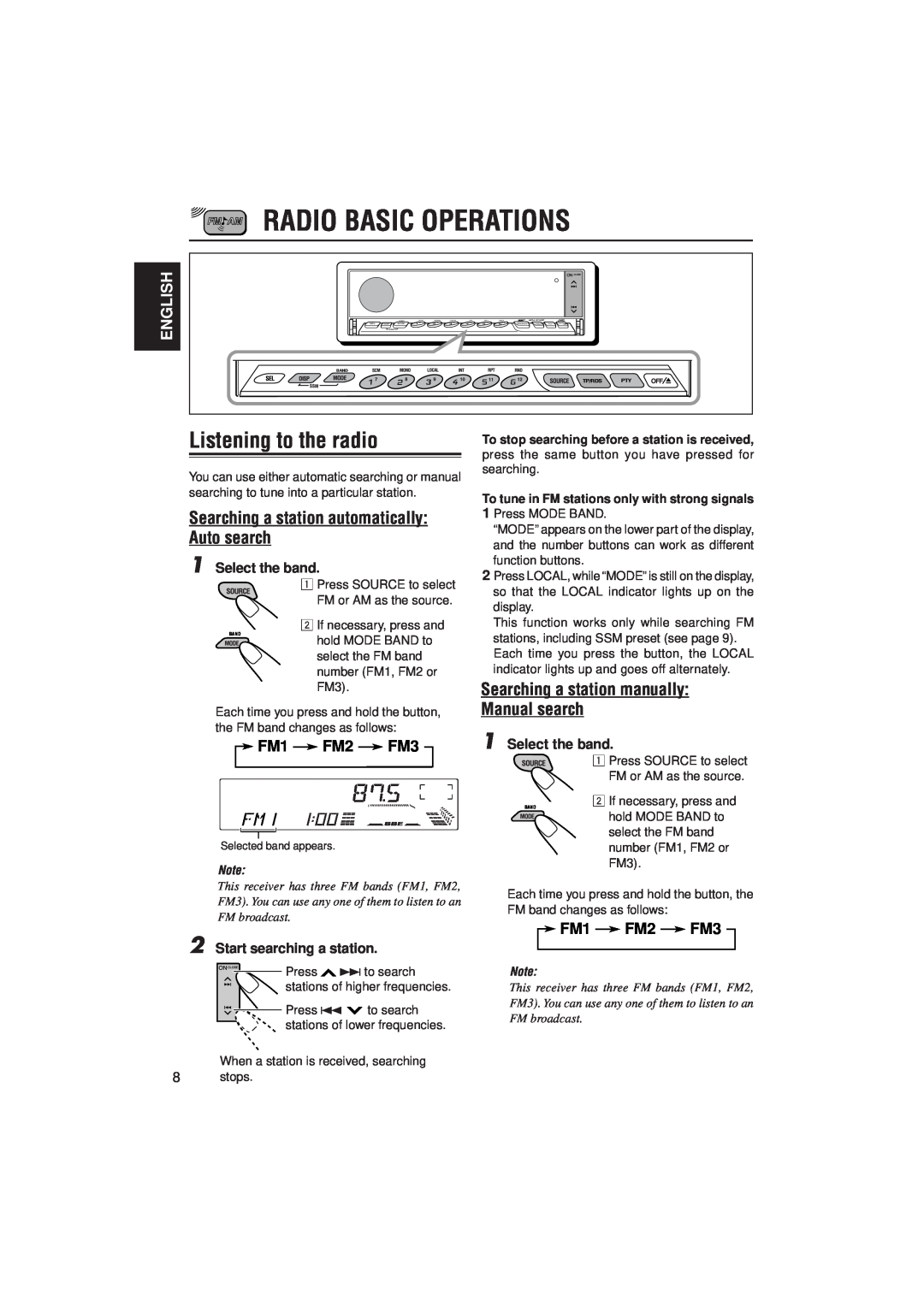 JVC KD-LX330R manual Radio Basic Operations, Listening to the radio, Searching a station automatically Auto search, English 
