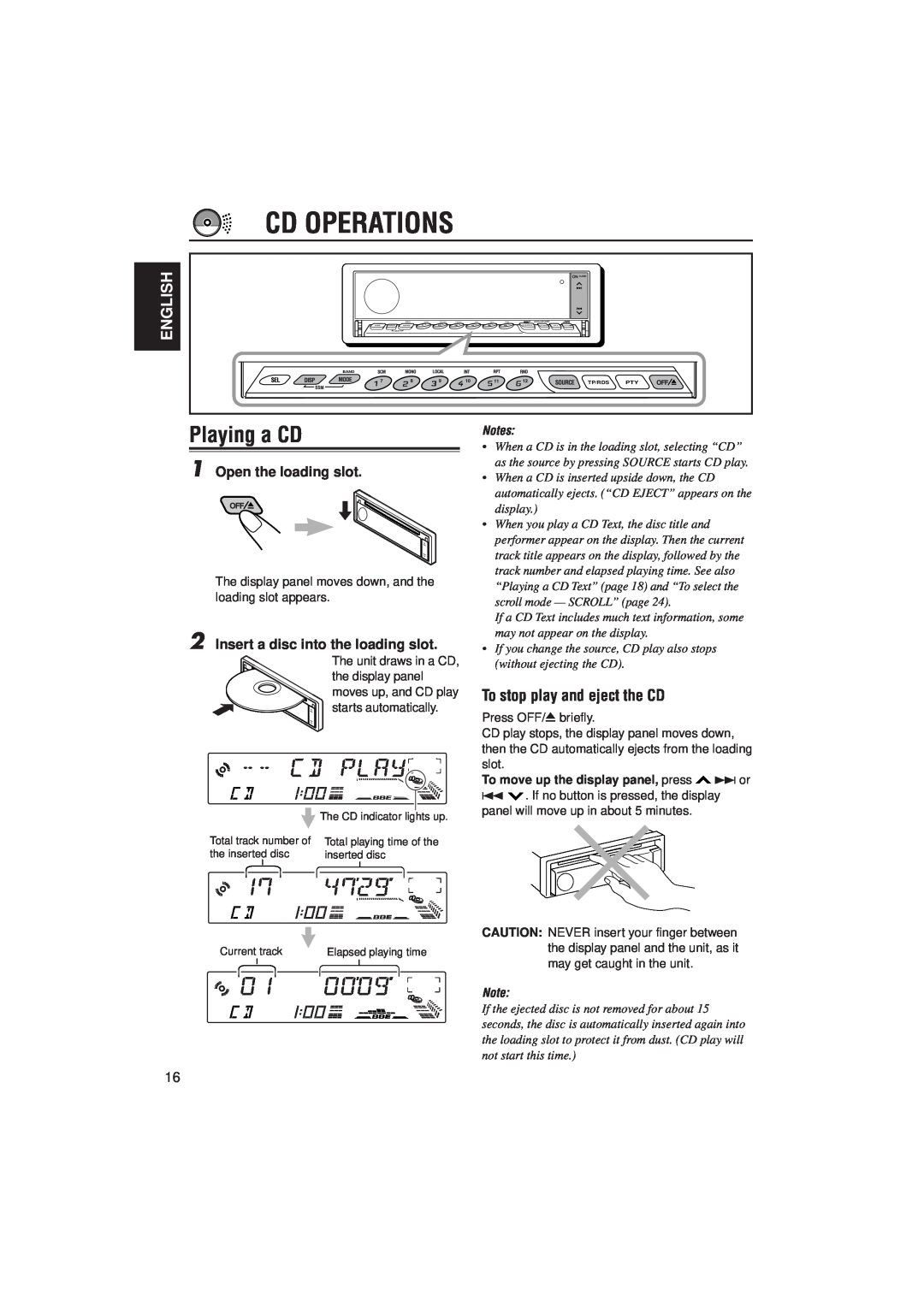 JVC KD-LX330R manual Cd Operations, Playing a CD, English, To stop play and eject the CD, Open the loading slot 