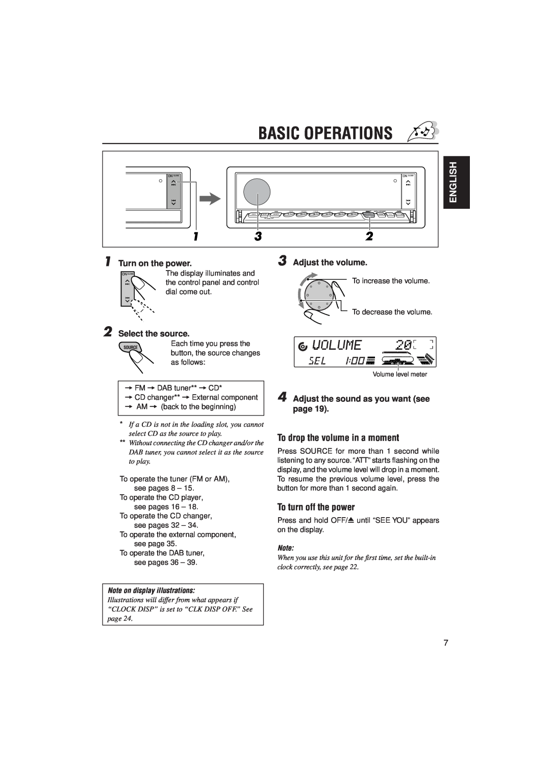 JVC KD-LX330R manual Basic Operations, English, To drop the volume in a moment, To turn off the power, Turn on the power 