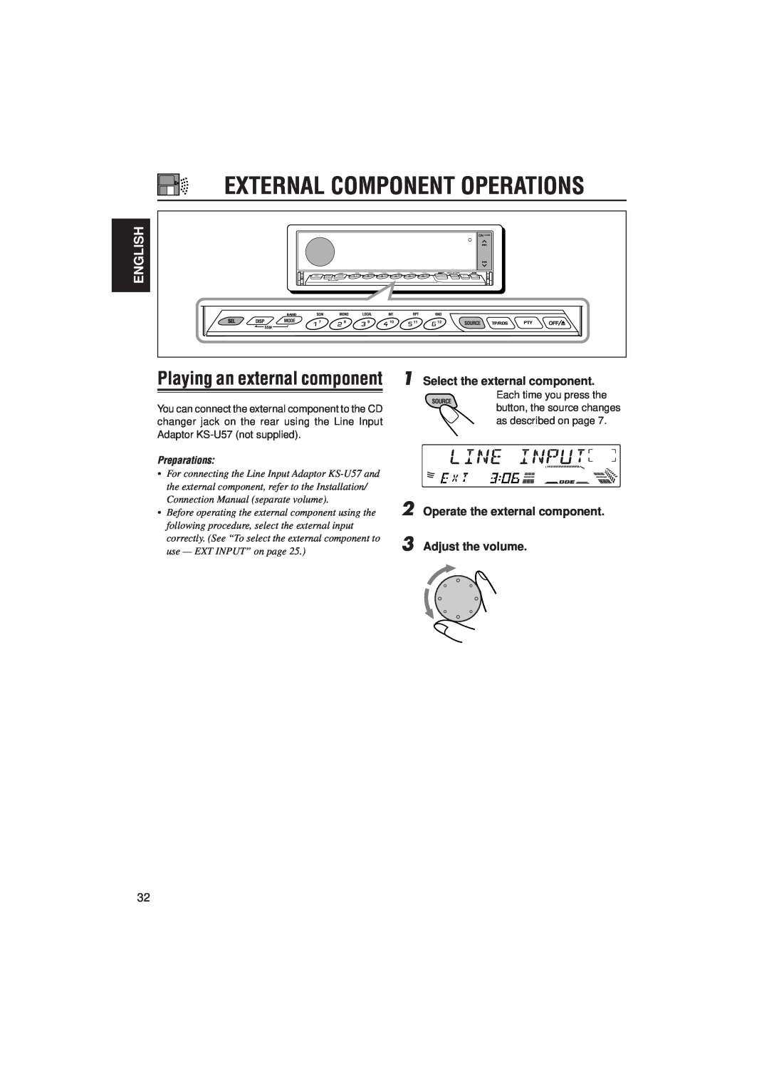 JVC KD-LX330R manual Playing an external component, External Component Operations, English, Select the external component 