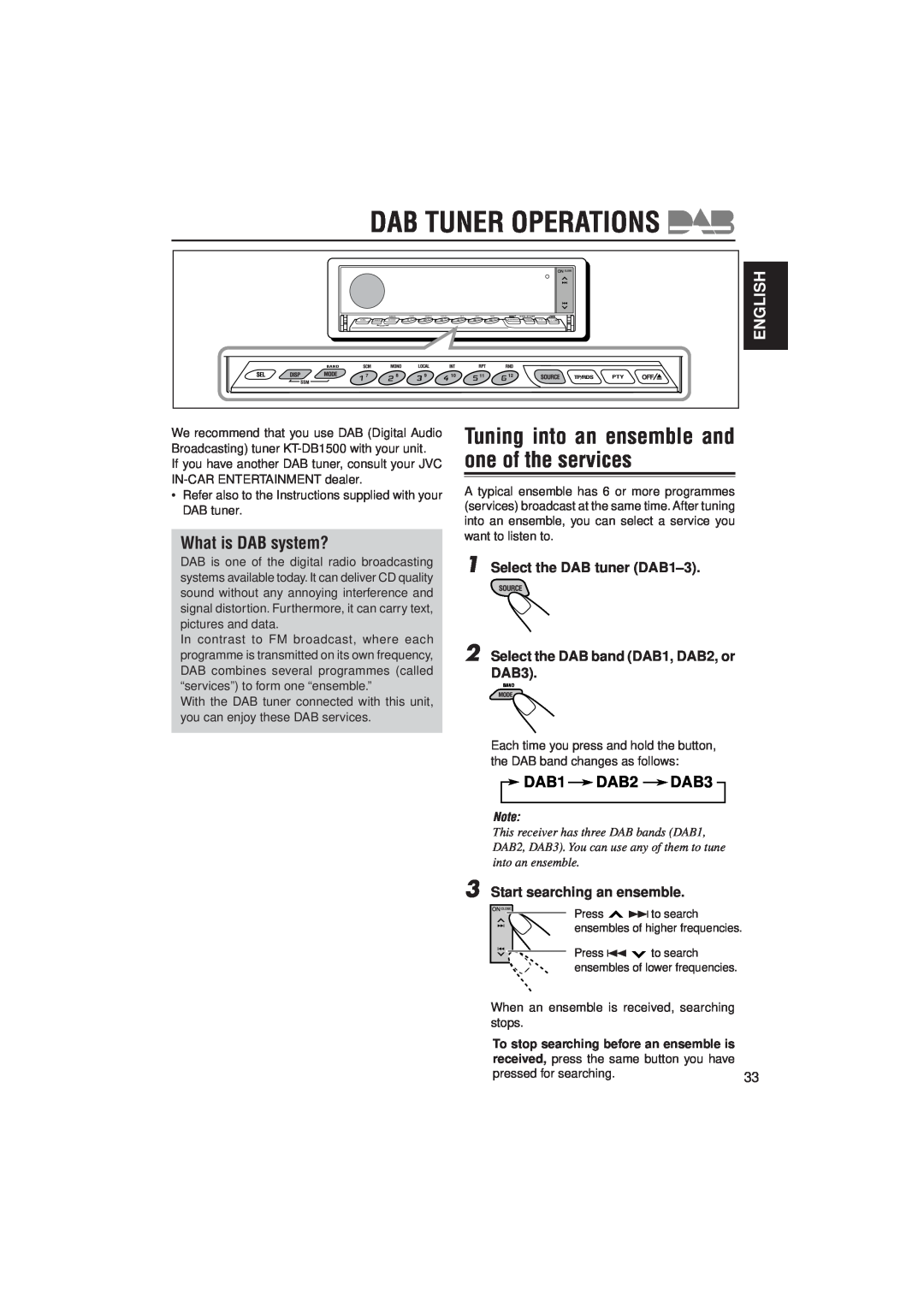 JVC KD-LX330R manual Dab Tuner Operations, Tuning into an ensemble and one of the services, What is DAB system?, English 