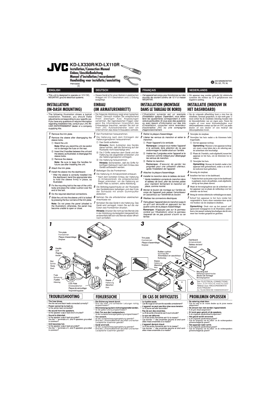 JVC KD-LX330R/KD-LX110R, Installation, Einbau, In-Dashmounting, Het Dashboard, Troubleshooting, Fehlersuche, Deutsch 