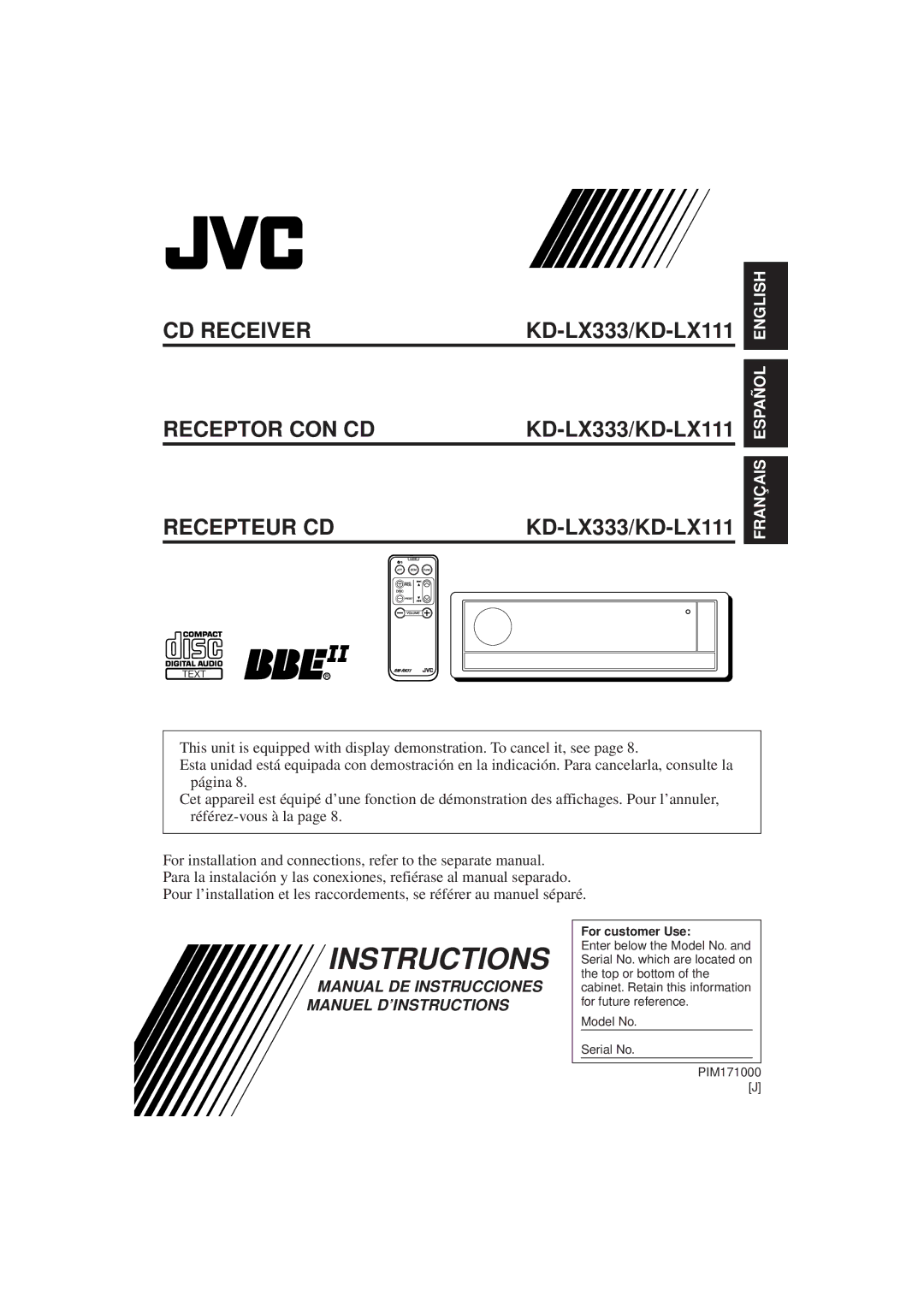 JVC manual KD-LX333/KD-LX111, For customer Use 