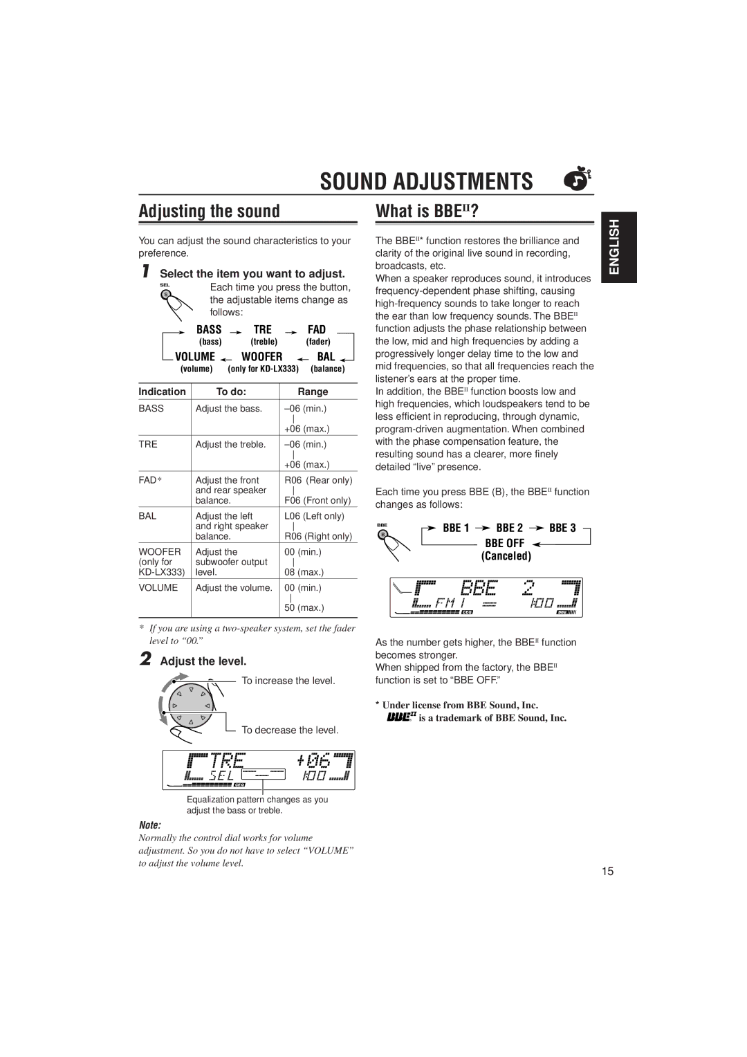 JVC KD-LX111, KD-LX333 manual Sound Adjustments, Adjusting the sound, What is BBE II?, Bal 