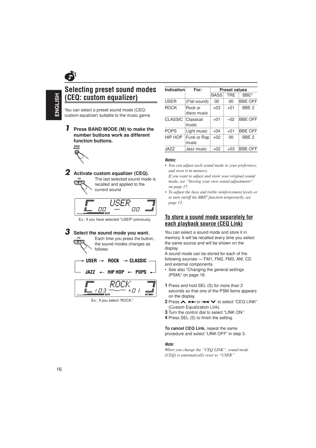 JVC KD-LX333, KD-LX111 Activate custom equalizer CEQ, Select the sound mode you want, User Rock Classic Jazz HIP HOP Pops 