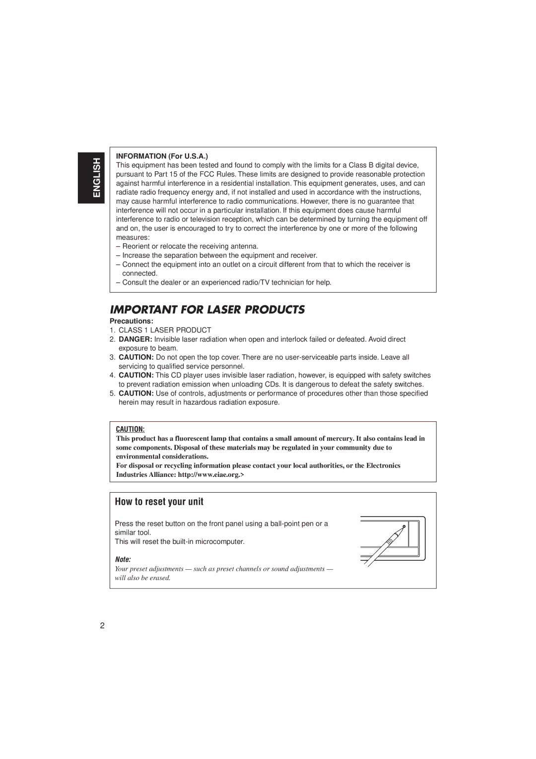 JVC KD-LX333, KD-LX111 manual How to reset your unit, Information For U.S.A, Precautions 