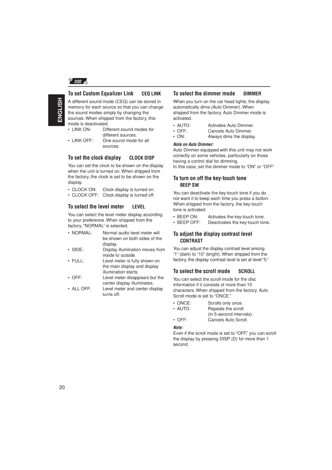 JVC KD-LX333 manual To set the clock display Clock Disp, To select the level meter Level, To select the dimmer mode Dimmer 