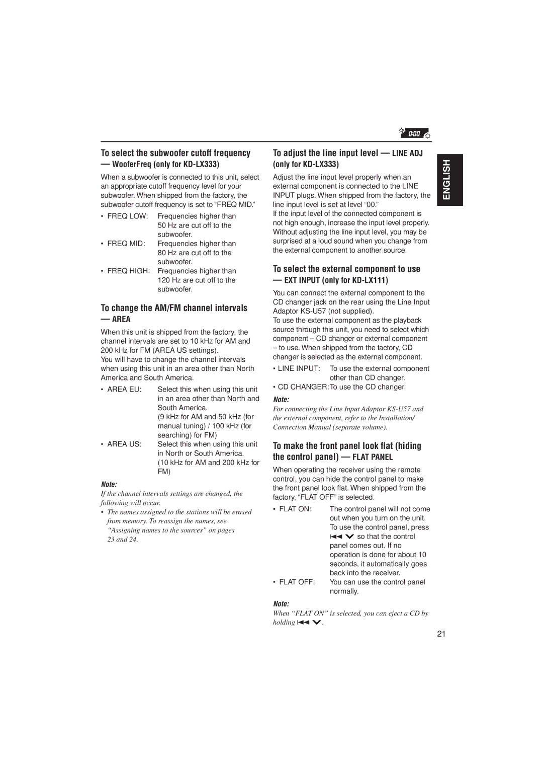 JVC KD-LX111 manual To change the AM/FM channel intervals, Area, To adjust the line input level Line ADJ Only for KD-LX333 