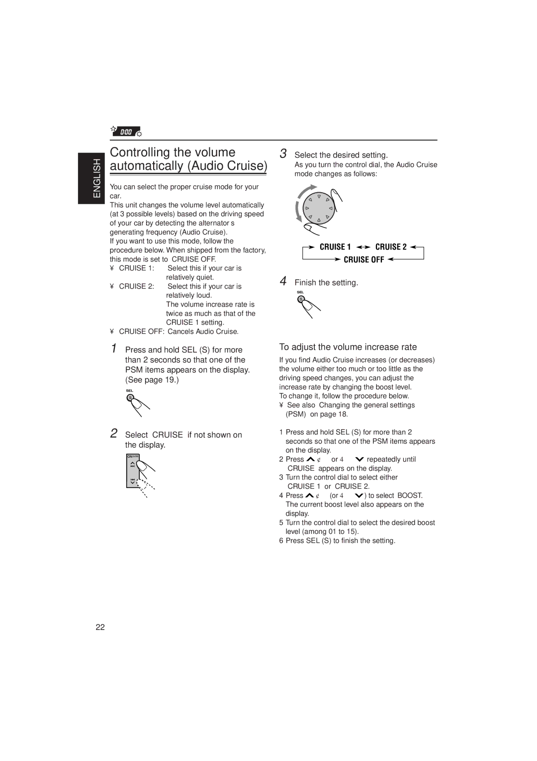 JVC KD-LX333, KD-LX111 manual Controlling the volume automatically Audio Cruise, To adjust the volume increase rate 