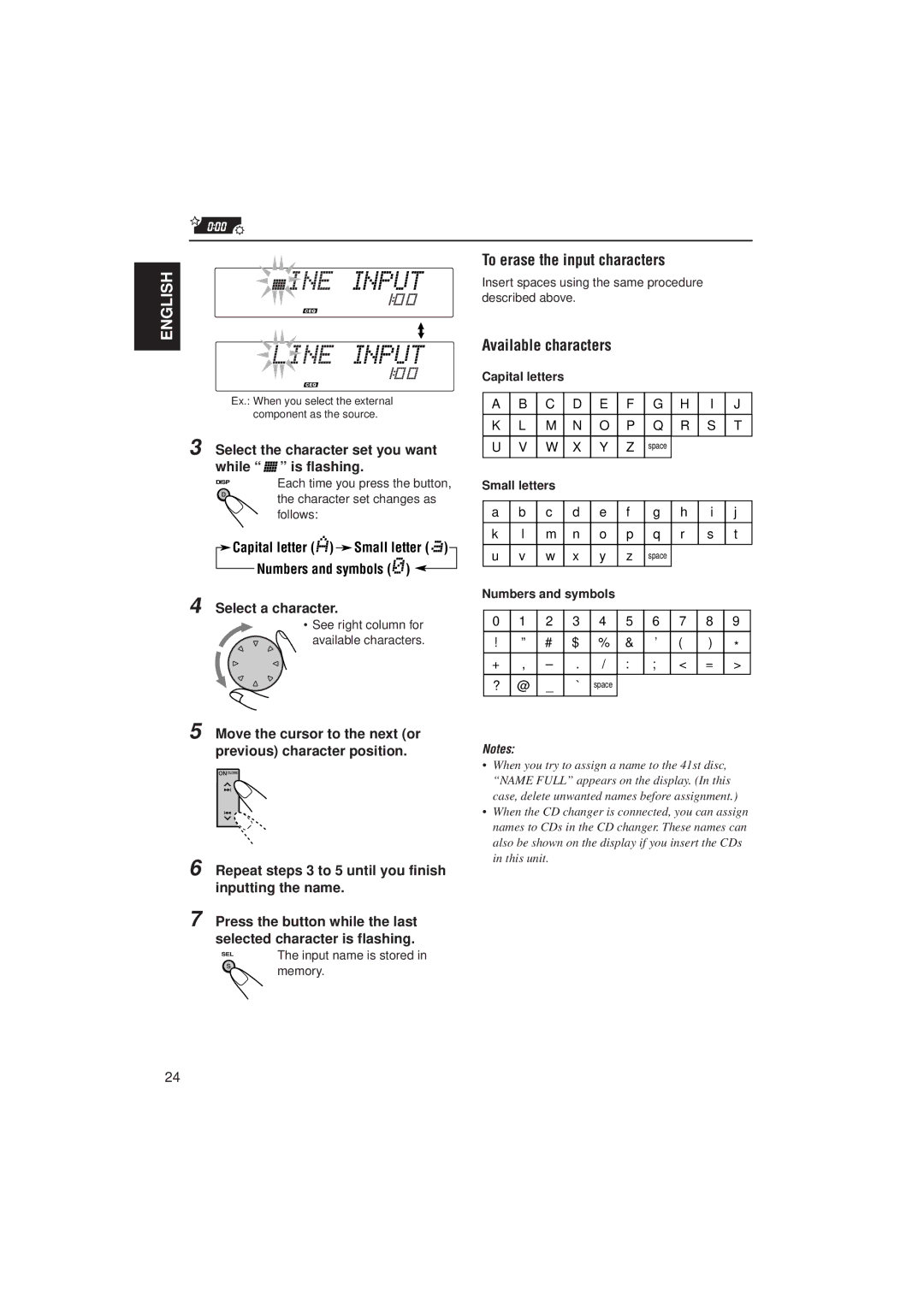 JVC KD-LX333 To erase the input characters, Available characters, Select the character set you want while is flashing 