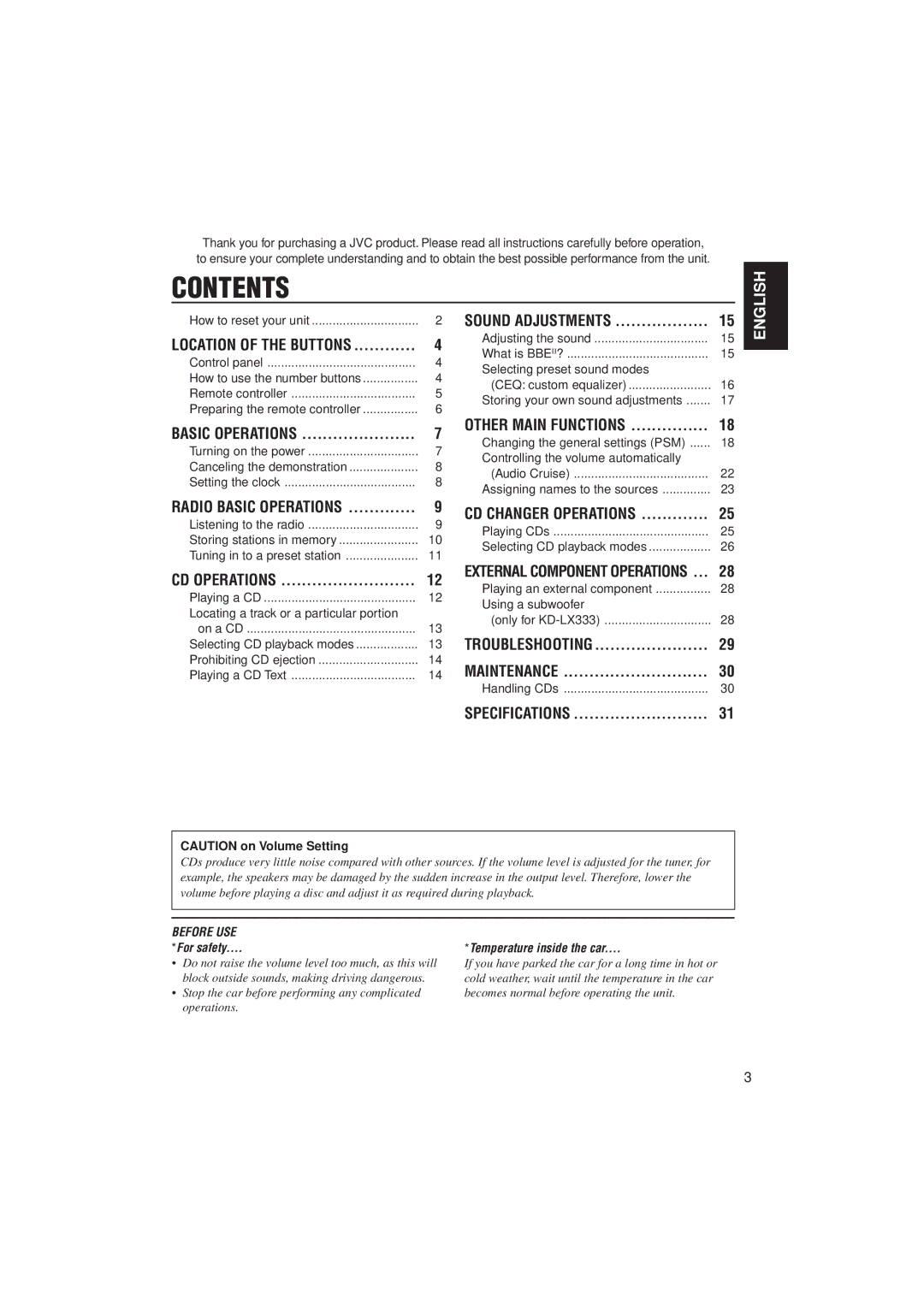 JVC KD-LX111, KD-LX333 manual Contents 