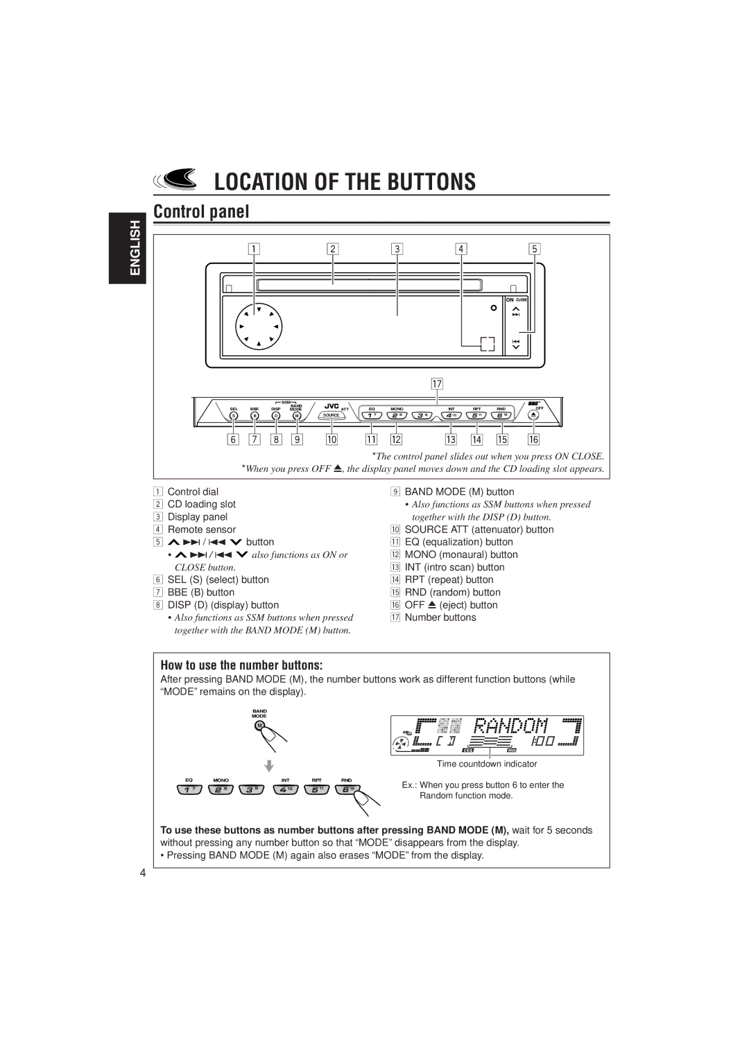 JVC KD-LX333, KD-LX111 manual Location of the Buttons, Control panel, How to use the number buttons 