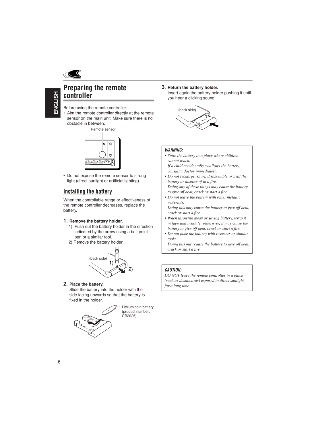 JVC KD-LX333, KD-LX111 manual Preparing the remote, Controller, Installing the battery 