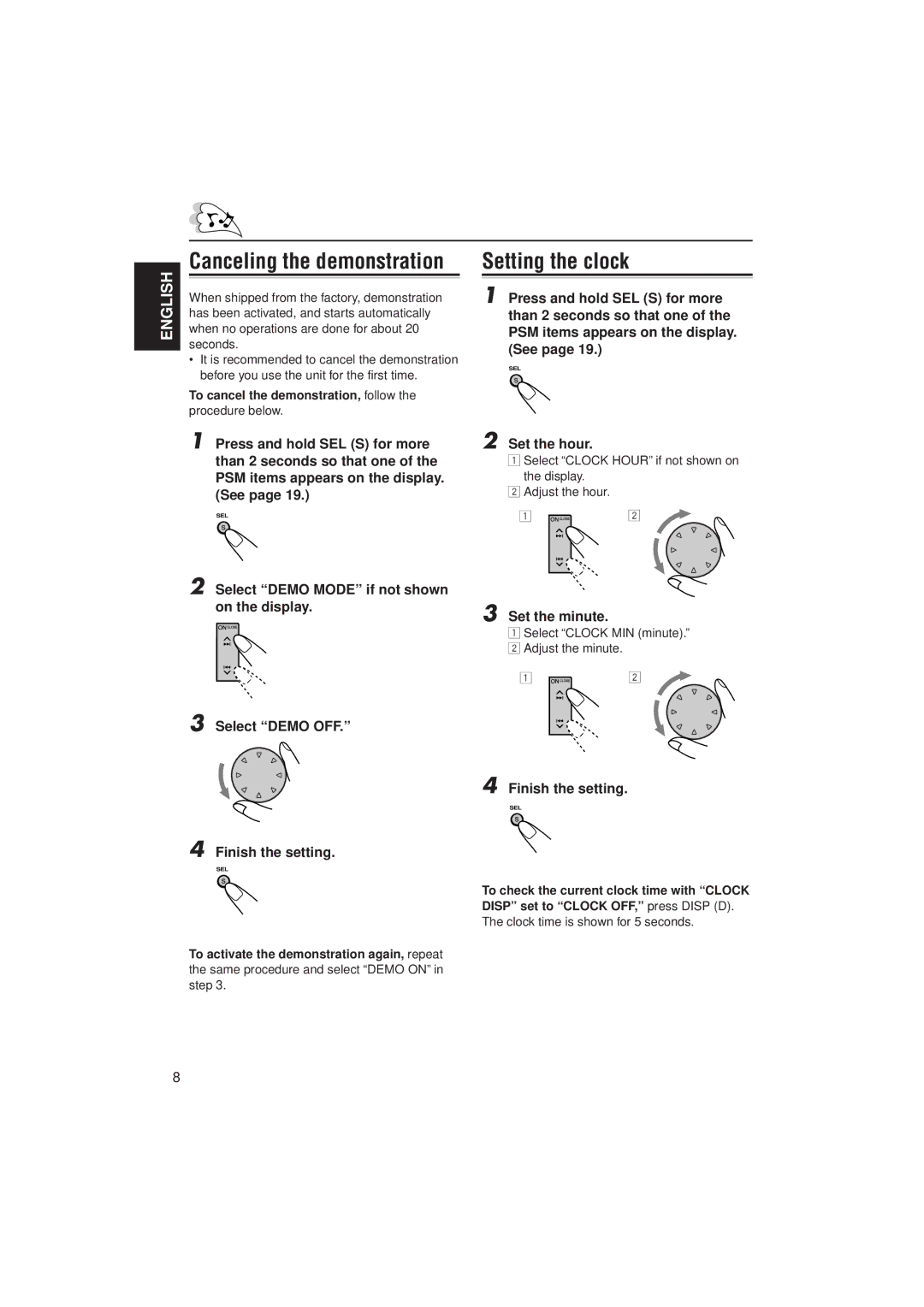 JVC KD-LX333, KD-LX111 manual Setting the clock, Canceling the demonstration, Set the hour, Set the minute 