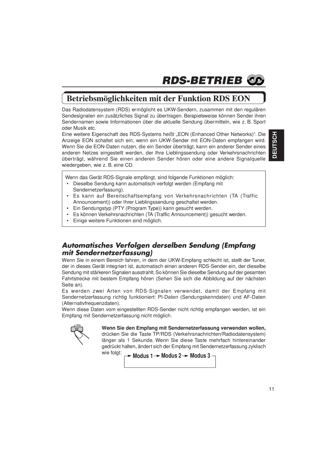 JVC KD-LX3R manual Rds-Betrieb, Betriebsmöglichkeiten mit der Funktion RDS EON 