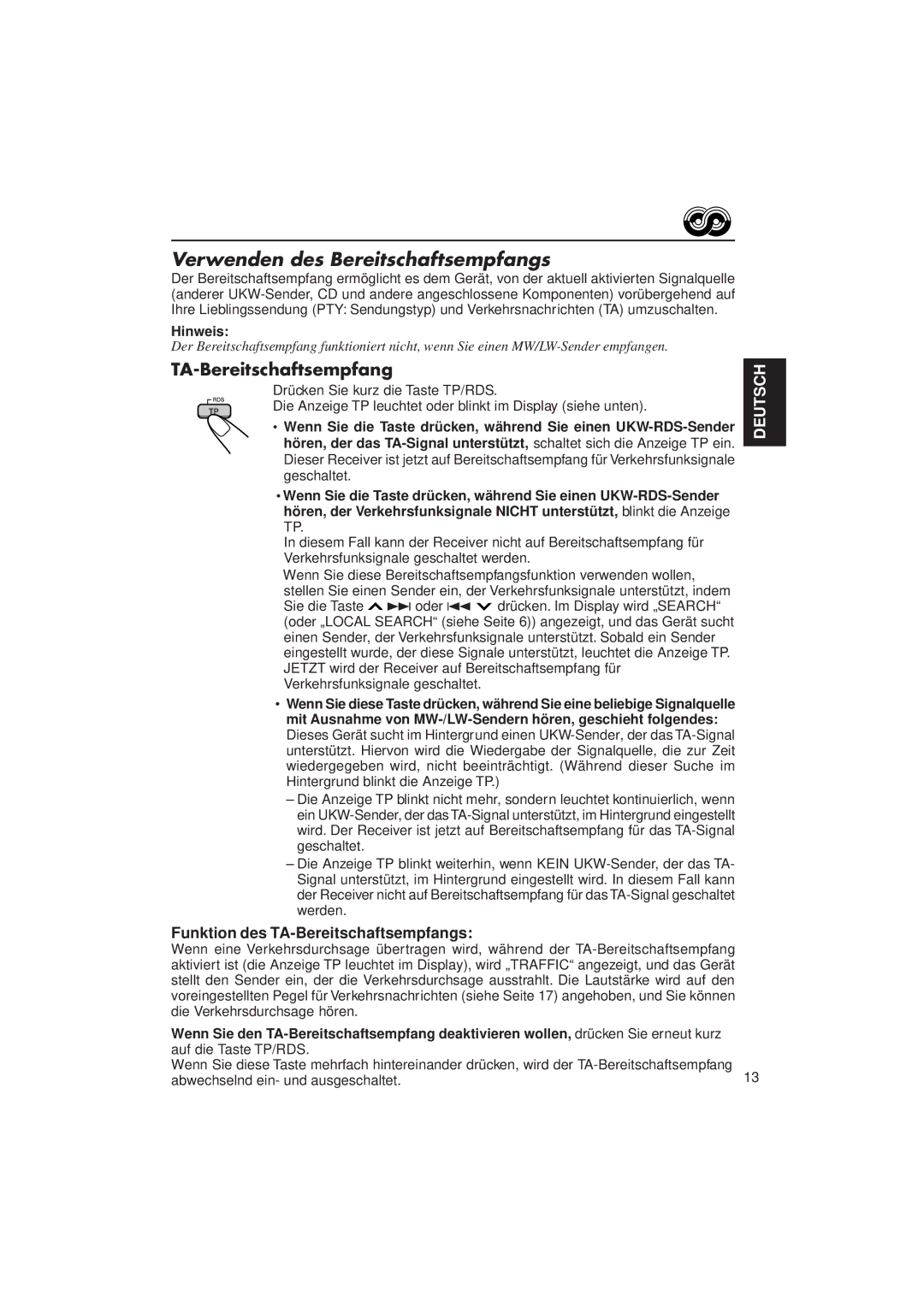 JVC KD-LX3R manual Verwenden des Bereitschaftsempfangs, TA-Bereitschaftsempfang 