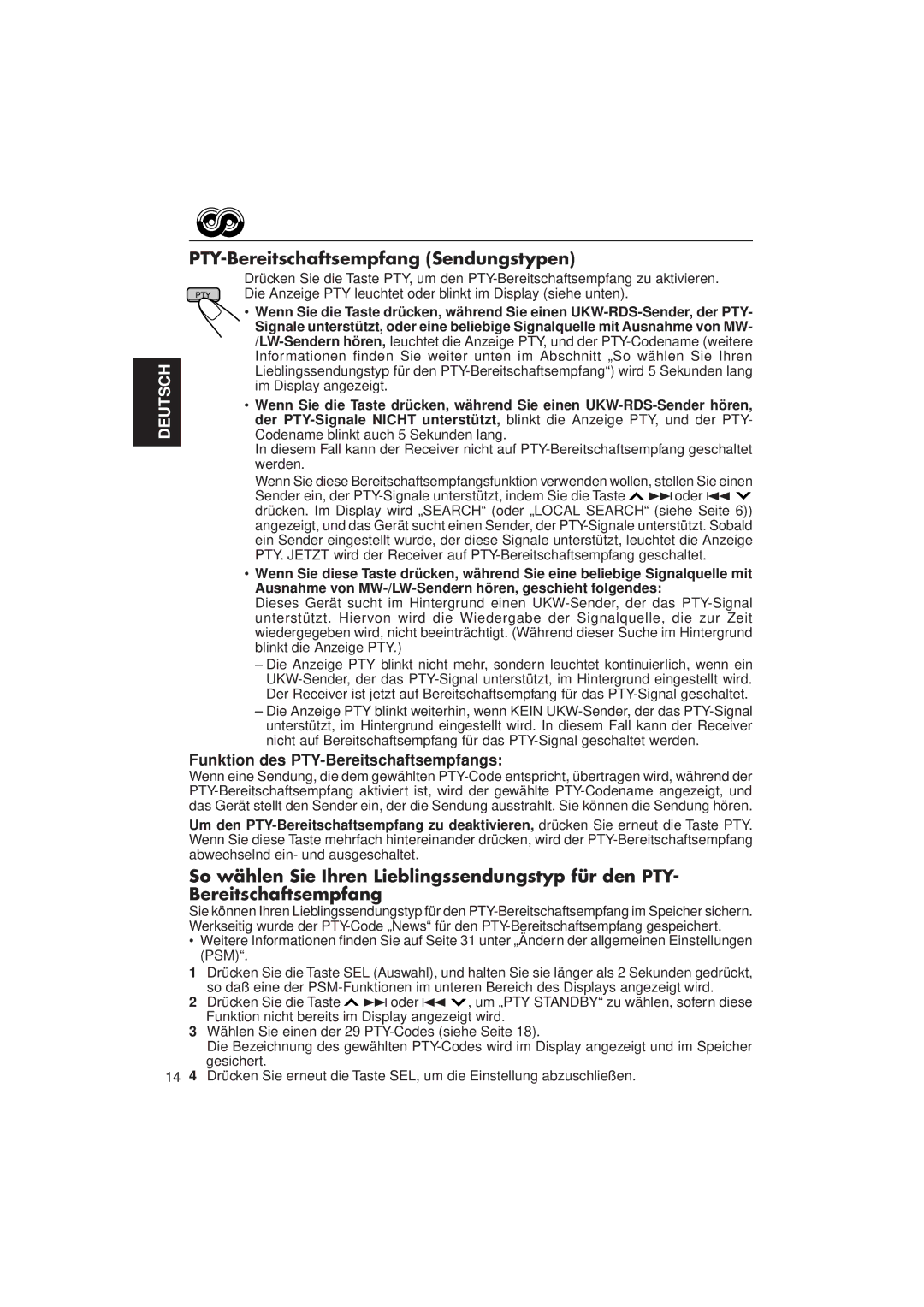 JVC KD-LX3R manual PTY-Bereitschaftsempfang Sendungstypen, Funktion des PTY-Bereitschaftsempfangs 