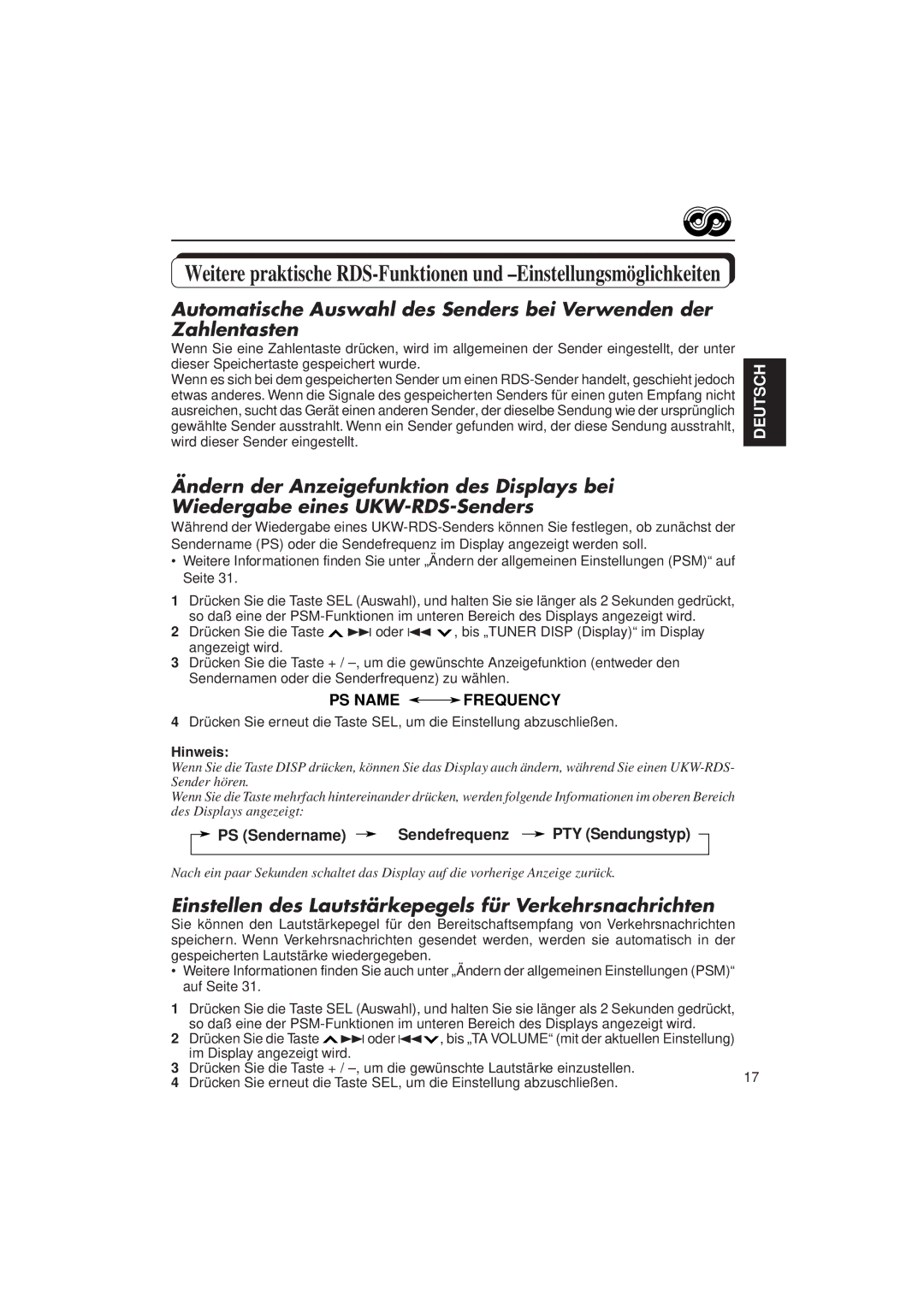 JVC KD-LX3R manual Einstellen des Lautstärkepegels für Verkehrsnachrichten, PS Name Frequency 