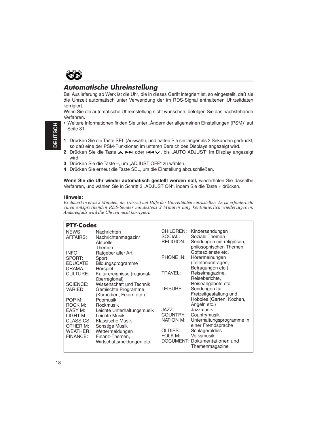 JVC KD-LX3R manual Automatische Uhreinstellung, PTY-Codes 