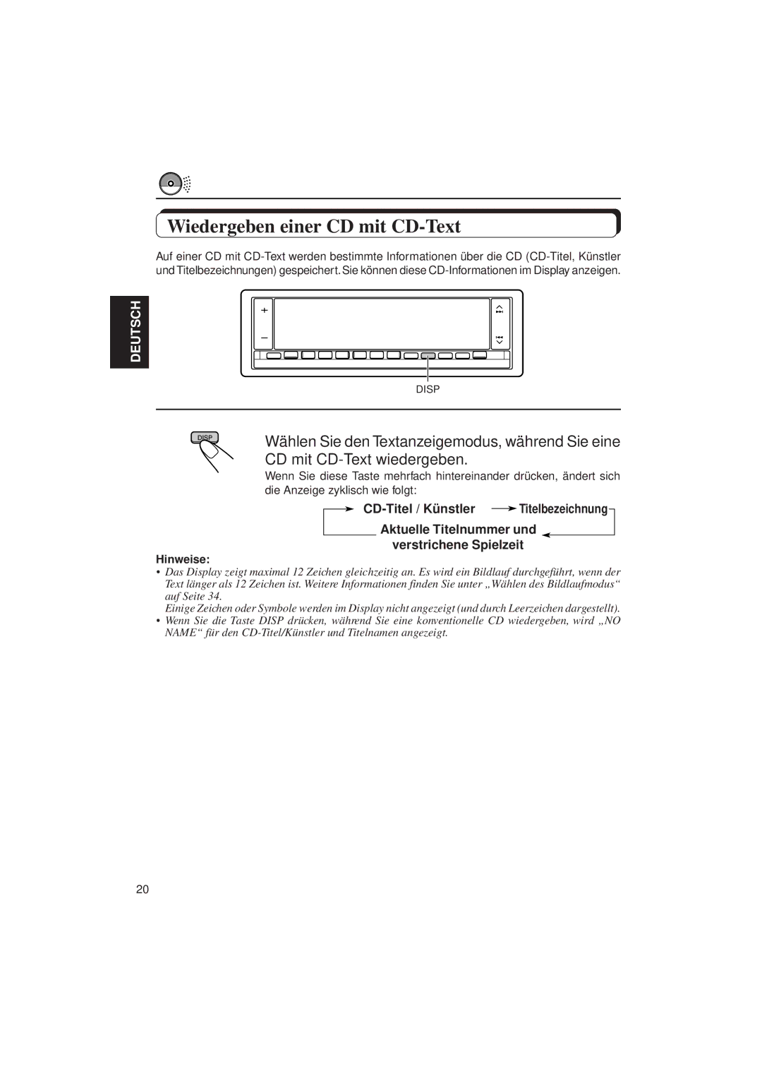 JVC KD-LX3R manual Wiedergeben einer CD mit CD-Text, Hinweise 