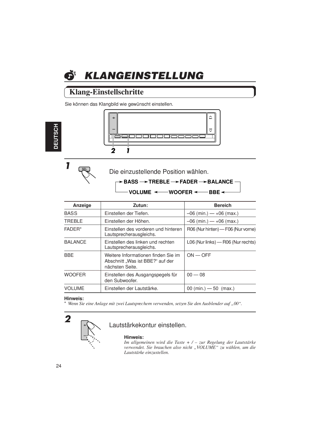 JVC KD-LX3R Klangeinstellung, Klang-Einstellschritte, Die einzustellende Position wählen, Lautstärkekontur einstellen 