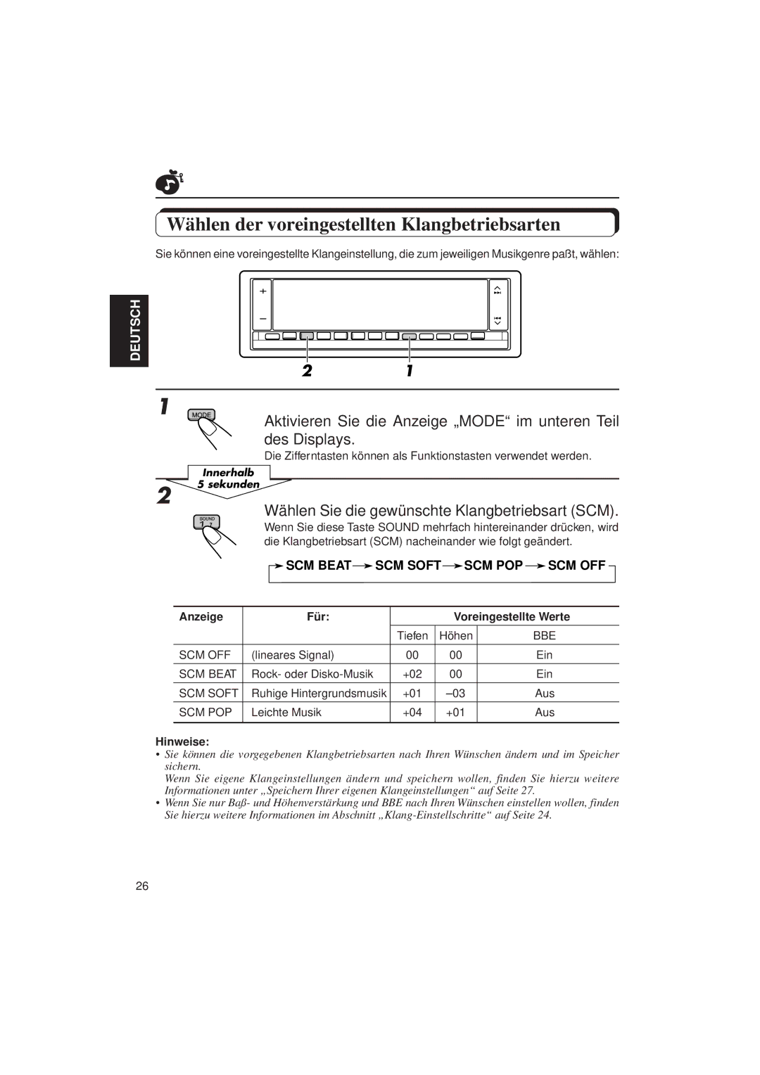 JVC KD-LX3R manual Wählen der voreingestellten Klangbetriebsarten, Wählen Sie die gewünschte Klangbetriebsart SCM 