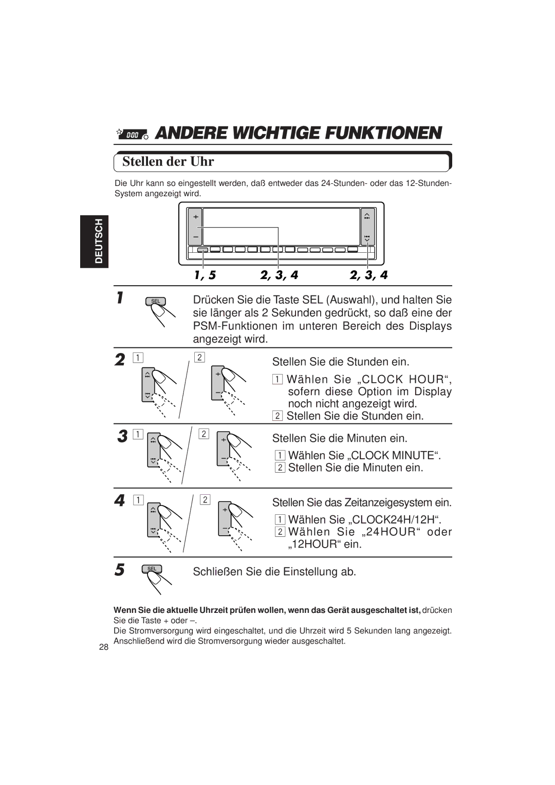 JVC KD-LX3R manual Andere Wichtige Funktionen, Stellen der Uhr 